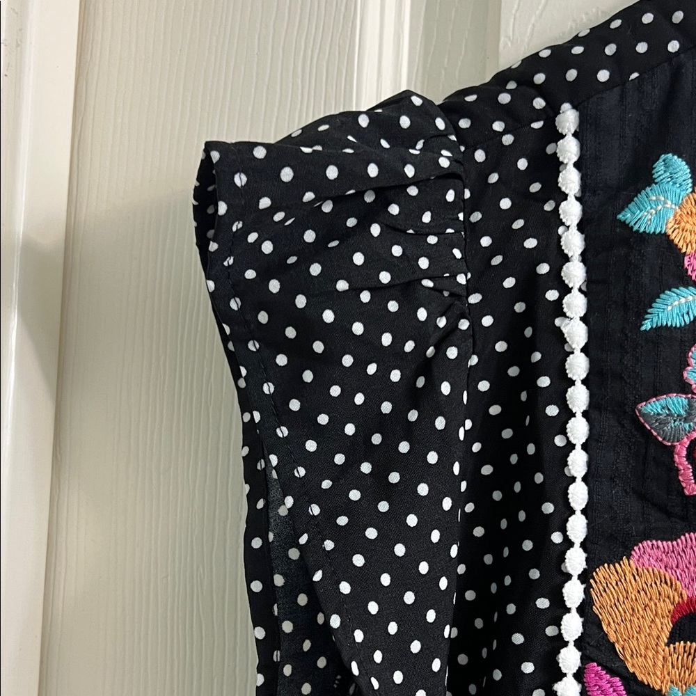 Savanna Jane Blouse Women Large Black Polka Dot Floral Embroidered - Picture 5 of 6